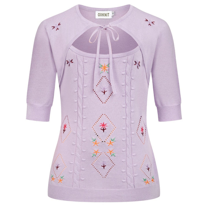 Women's Purple Cutout Floral Embroidered Knit Short-Sleeve T-Shirt