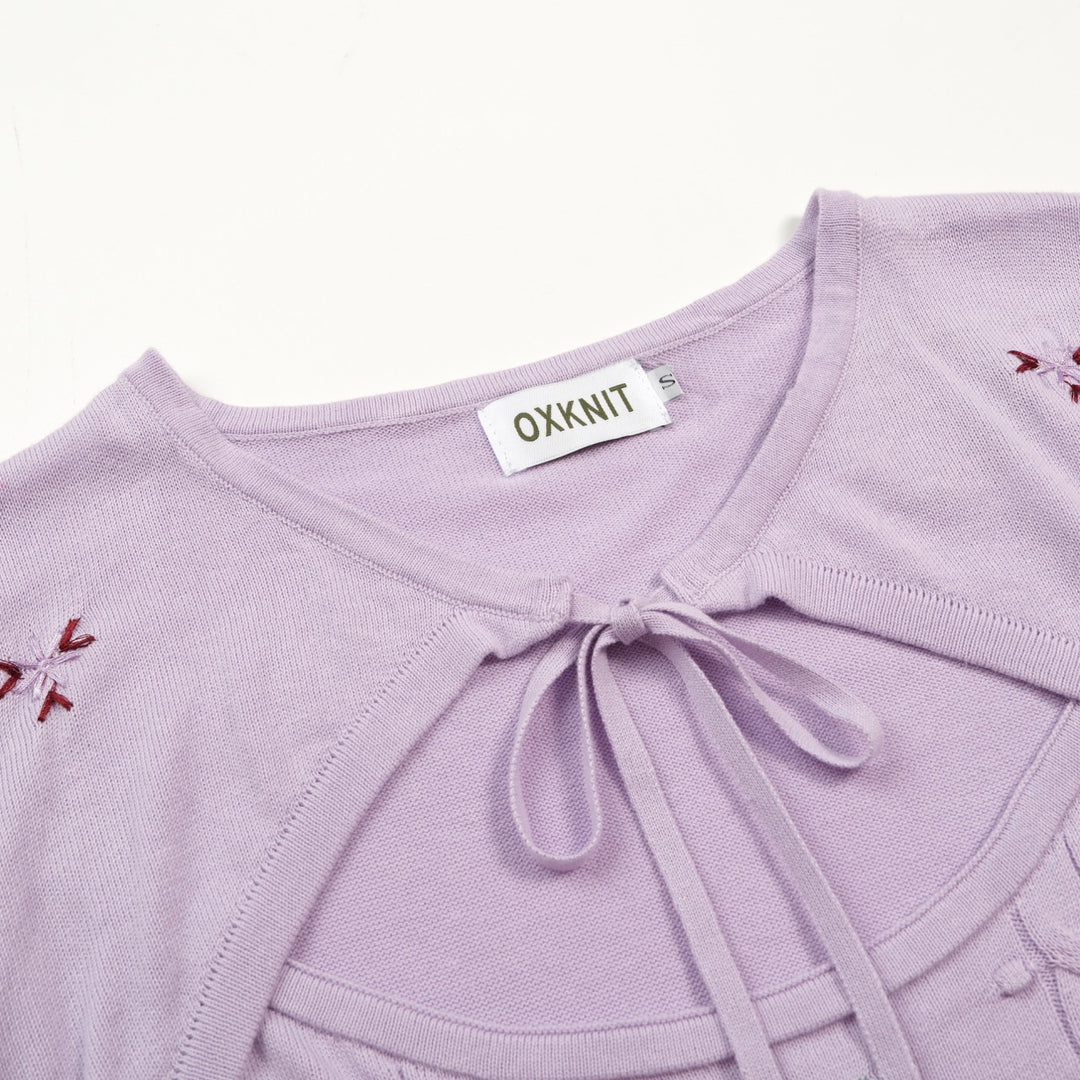 Women's Purple Cutout Floral Embroidered Knit Short-Sleeve T-Shirt