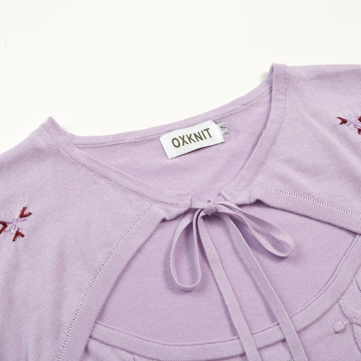 Women's Purple Cutout Floral Embroidered Knit Short-Sleeve T-Shirt