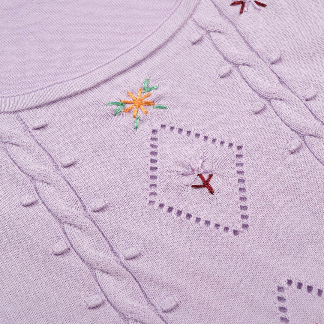 Women's Purple Cutout Floral Embroidered Knit Short-Sleeve T-Shirt