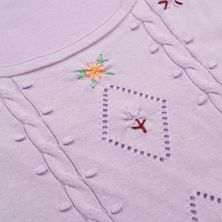 Women's Purple Cutout Floral Embroidered Knit Short-Sleeve T-Shirt