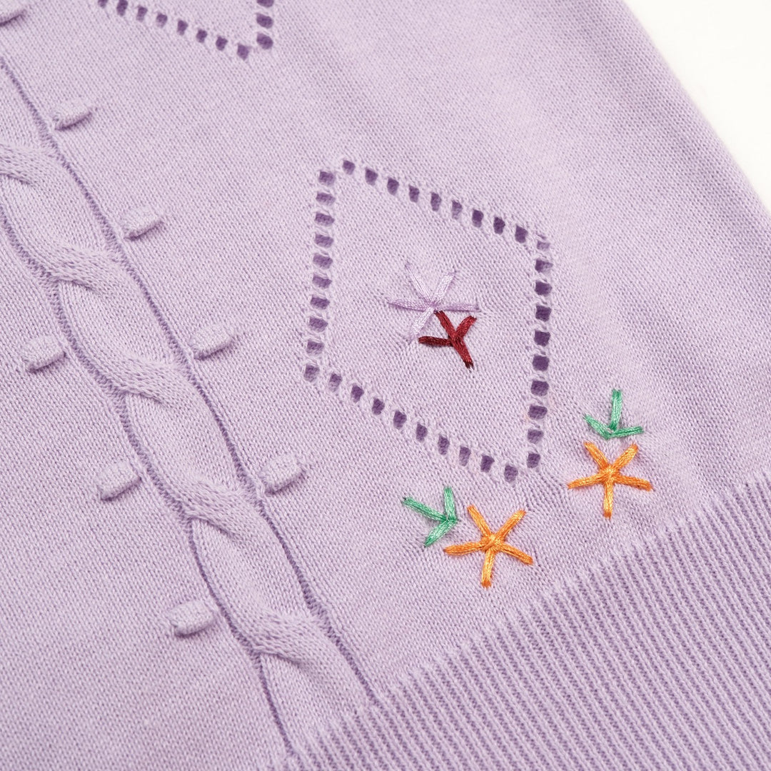 Women's Purple Cutout Floral Embroidered Knit Short-Sleeve T-Shirt