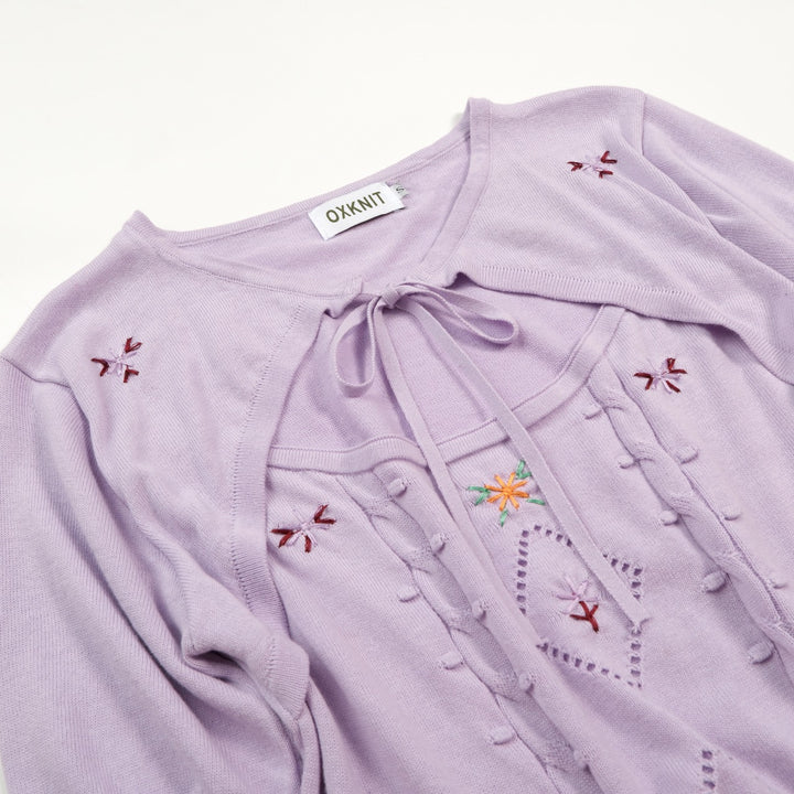Women's Purple Cutout Floral Embroidered Knit Short-Sleeve T-Shirt