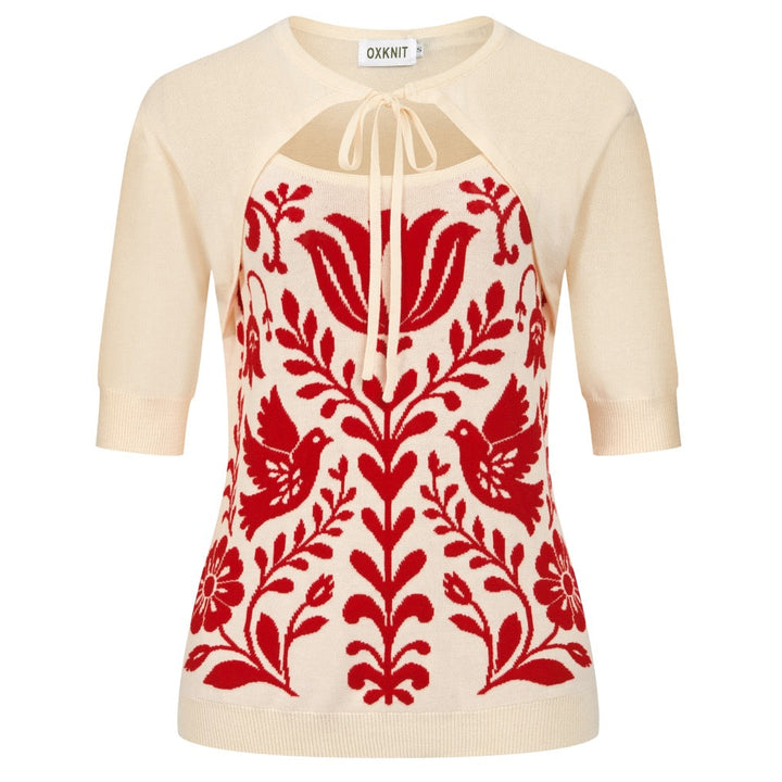 Women's Apricot Scandinavian Folk Art Knitted Short-Sleeve T-Shirt