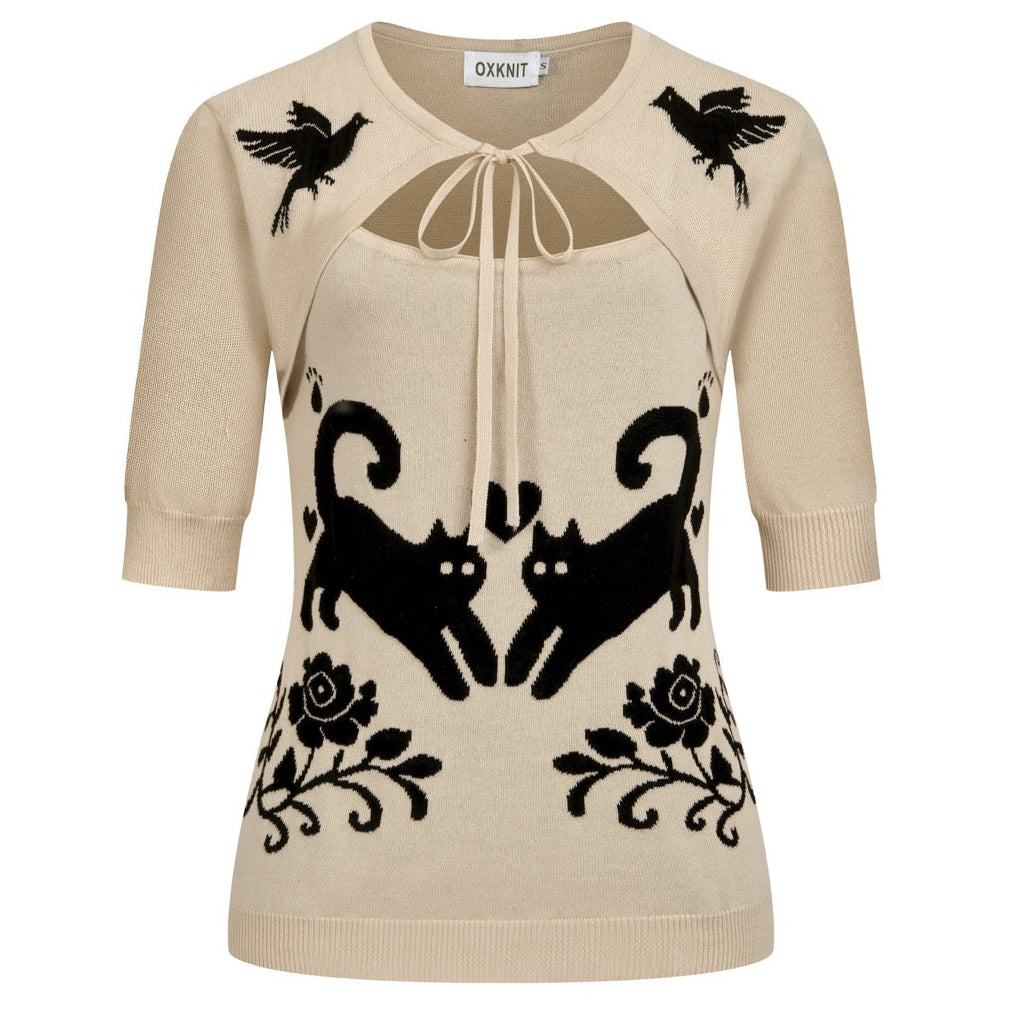 Maglietta da donna khaki gotica cottagecore a maniche corte in maglia