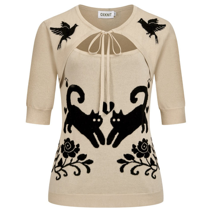 Maglietta da donna khaki gotica cottagecore a maniche corte in maglia