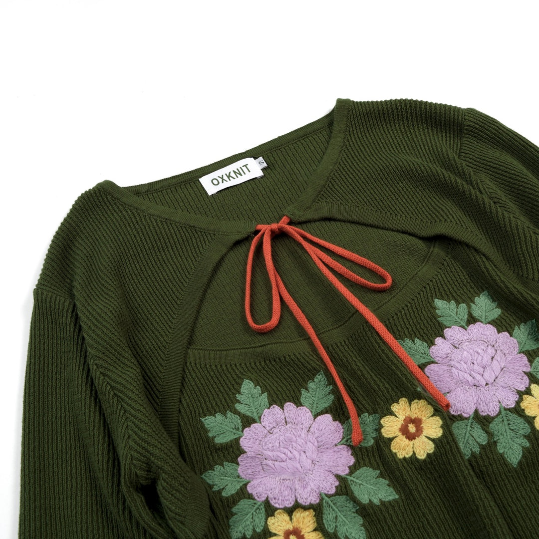 Women's Green Floral Pastoral Embroidered Knit Short-Sleeve T-Shirt