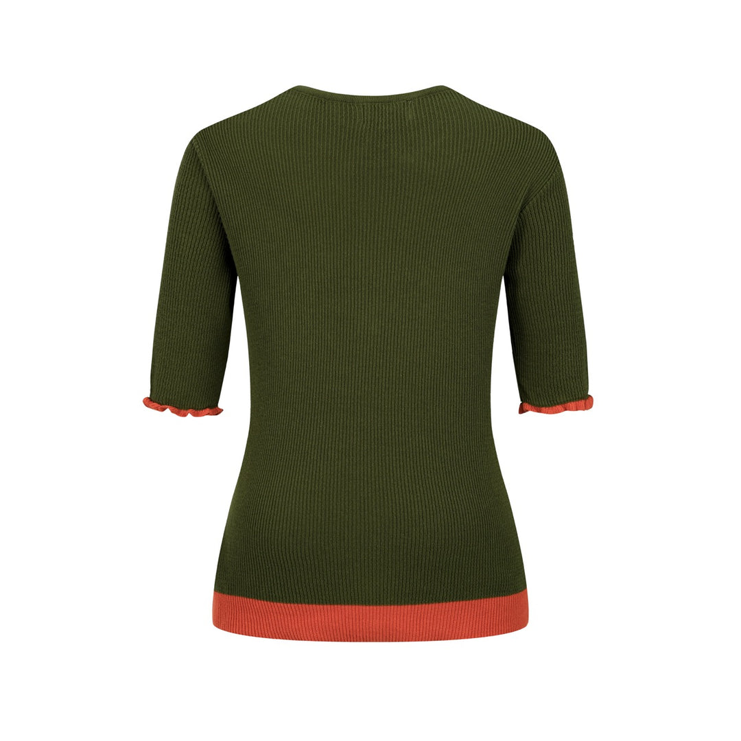 Women's Green Floral Pastoral Embroidered Knit Short-Sleeve T-Shirt