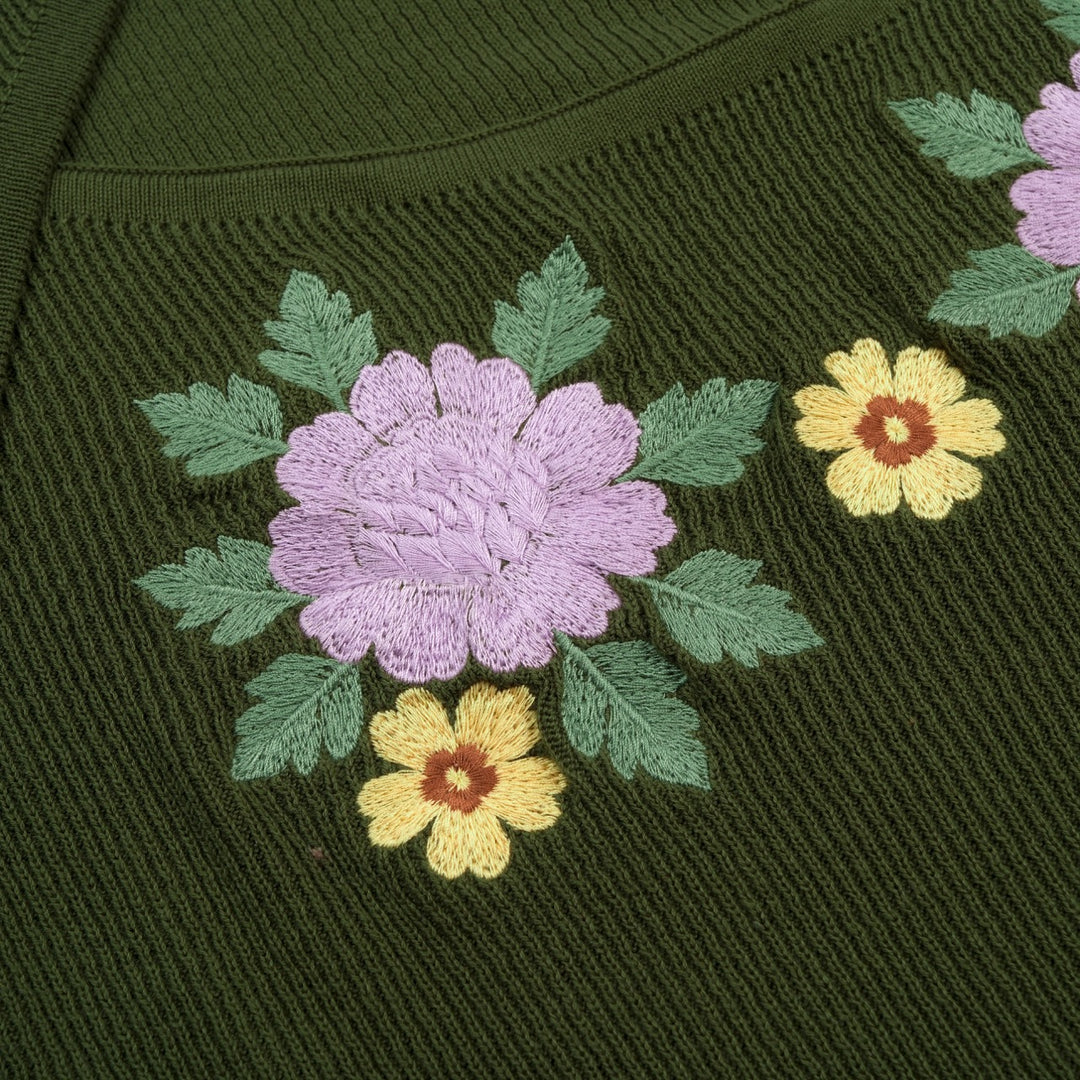 Women's Green Floral Pastoral Embroidered Knit Short-Sleeve T-Shirt