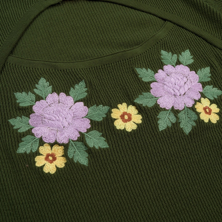 Women's Green Floral Pastoral Embroidered Knit Short-Sleeve T-Shirt