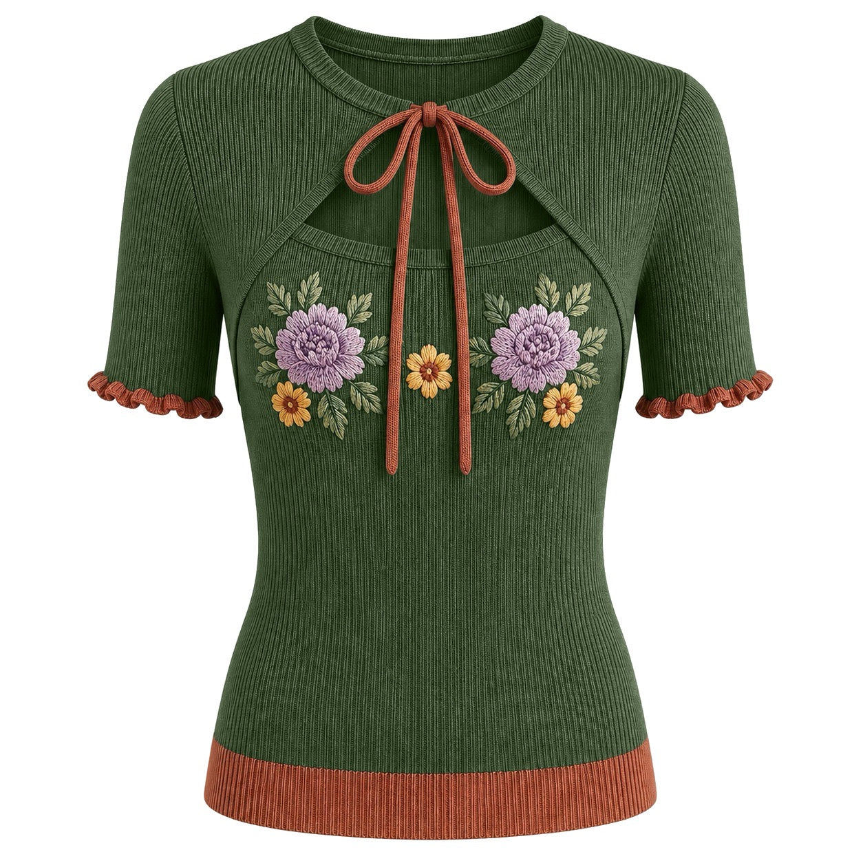 Women's Green Floral Pastoral Embroidered Knit Short-Sleeve T
