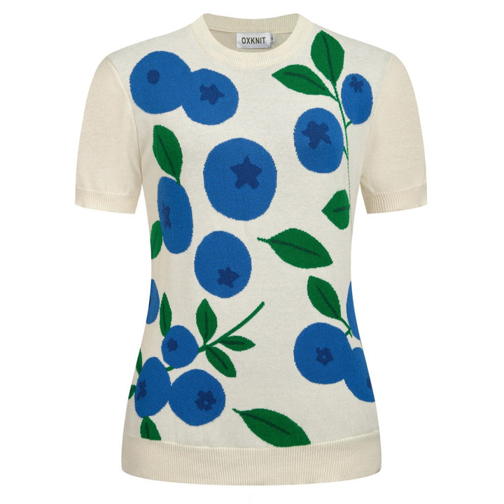 Damen T-Shirt mit nordisch inspiriertem, illustriertem Blaubeer-Jacquardstrick