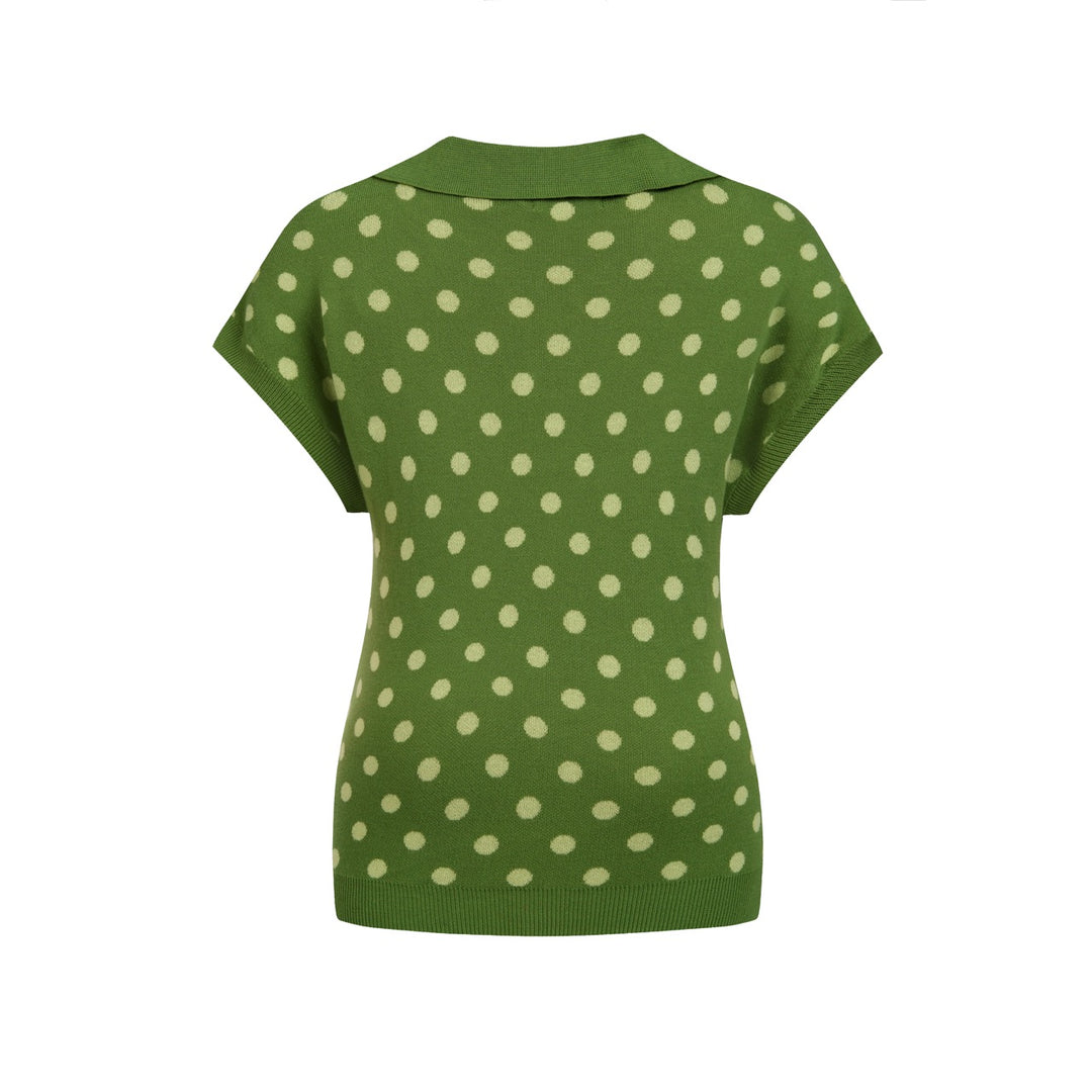 Maglietta da donna verde vintage a pois jacquard con maniche dolman