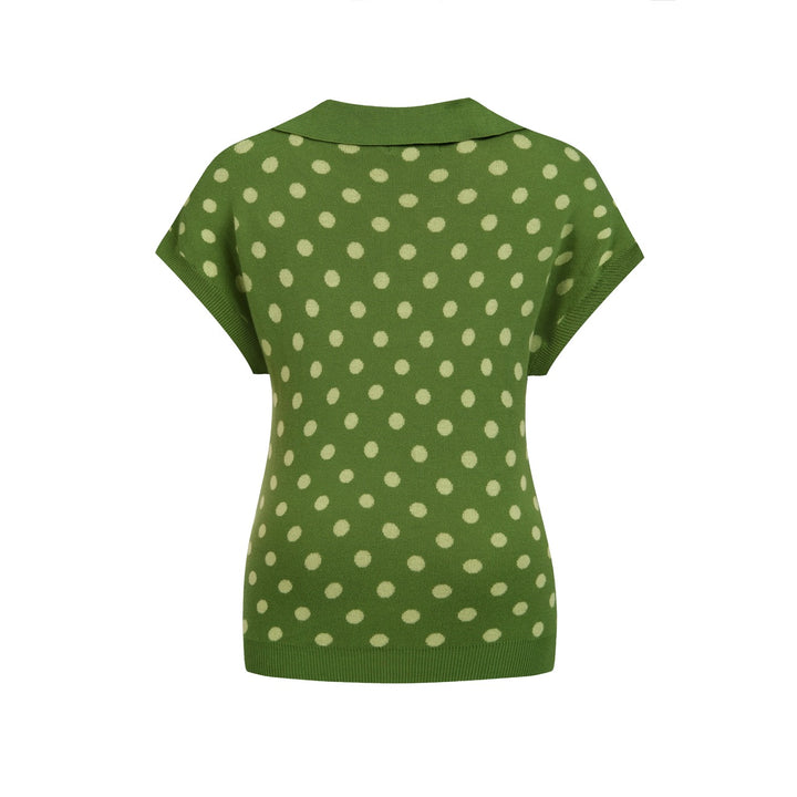 Maglietta da donna verde vintage a pois jacquard con maniche dolman