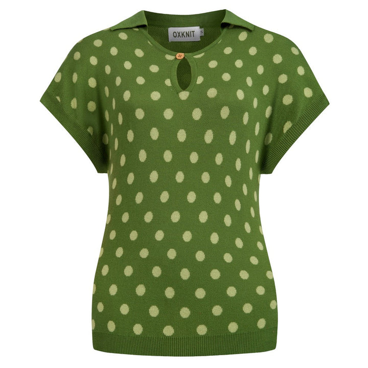 Maglietta da donna verde vintage a pois jacquard con maniche dolman