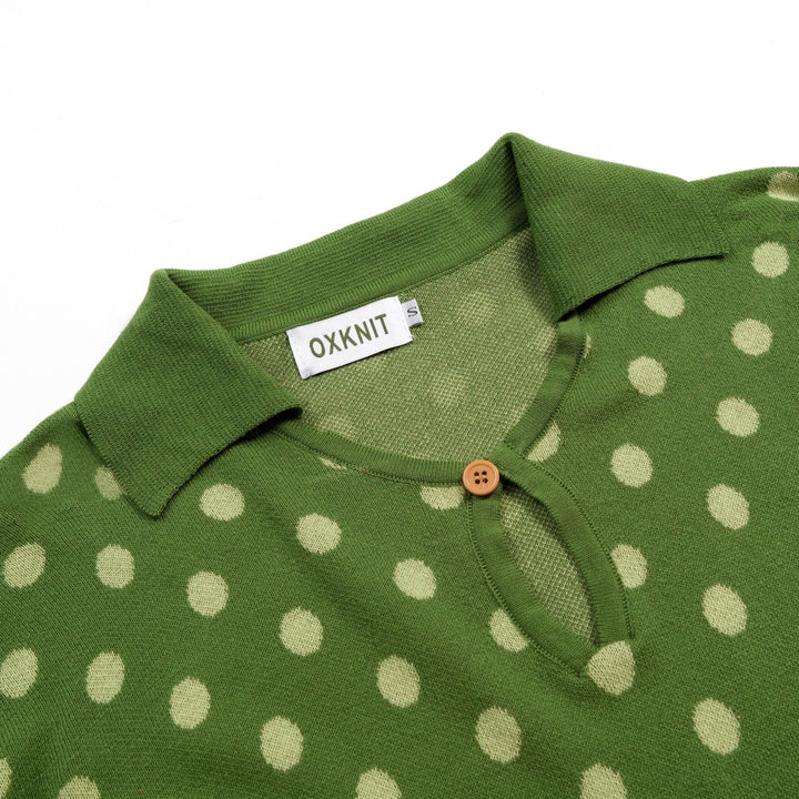 Maglietta da donna verde vintage a pois jacquard con maniche dolman
