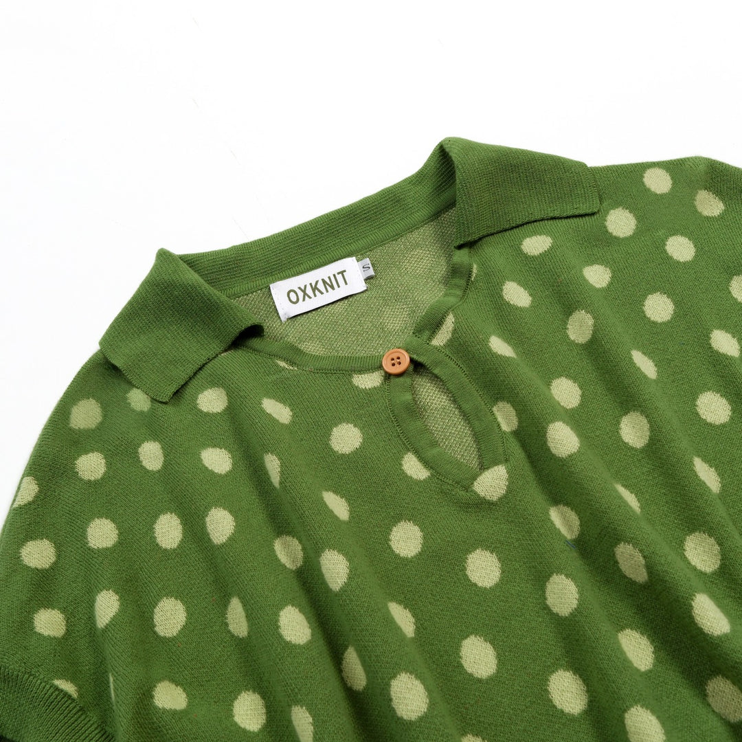 Maglietta da donna verde vintage a pois jacquard con maniche dolman