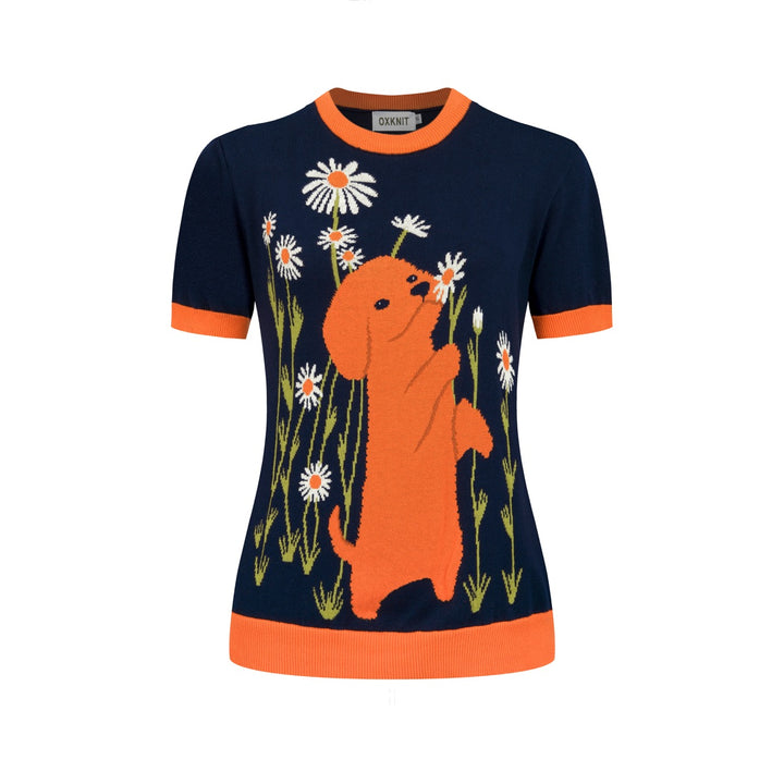 T-shirt de Malha Feminina Ilustração Rural dos Anos 70 em Azul Escuro