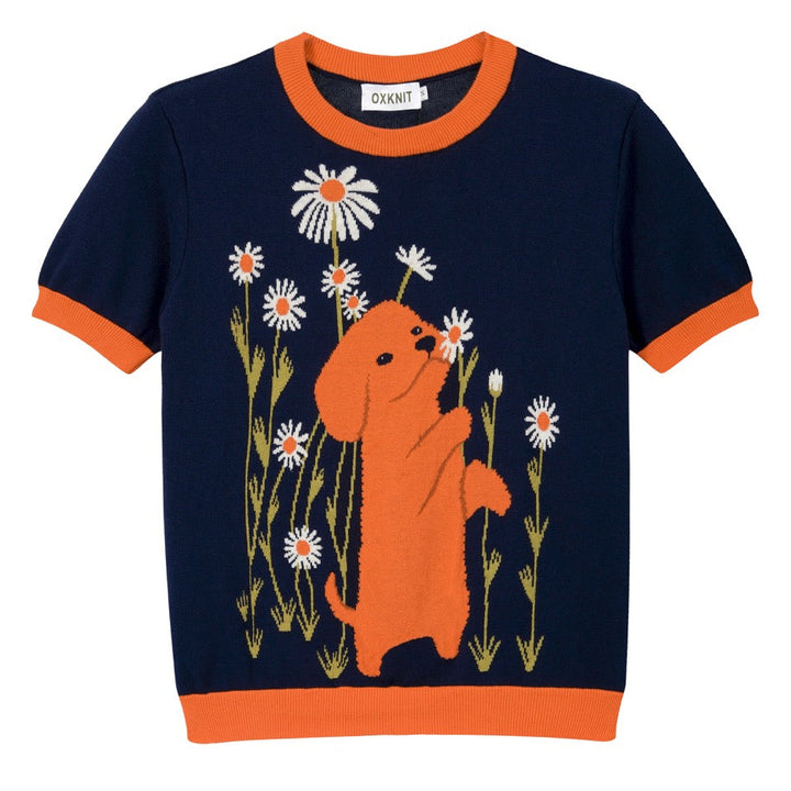 T-shirt de Malha Feminina Ilustração Rural dos Anos 70 em Azul Escuro