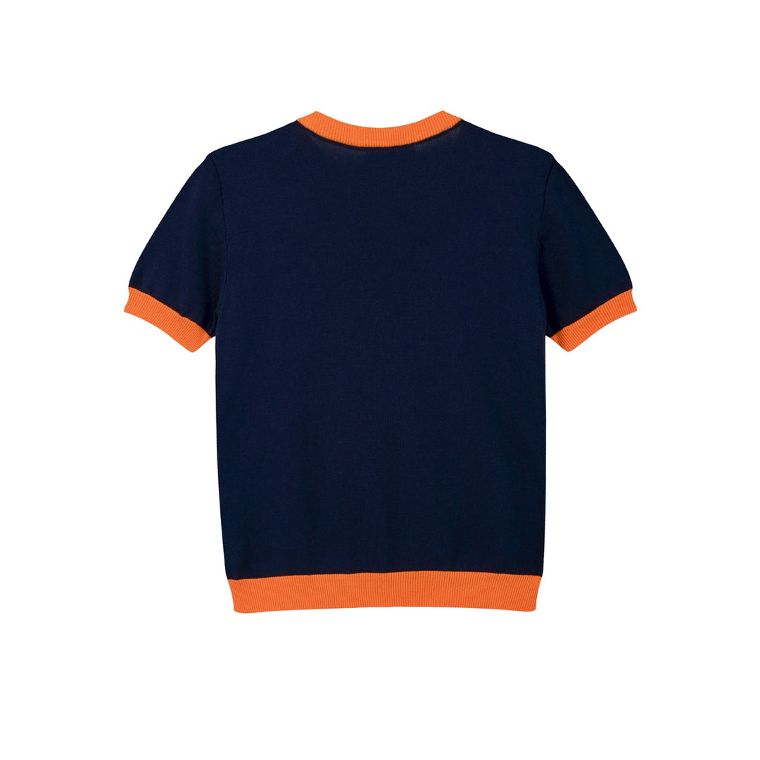 T-shirt de Malha Feminina Ilustração Rural dos Anos 70 em Azul Escuro