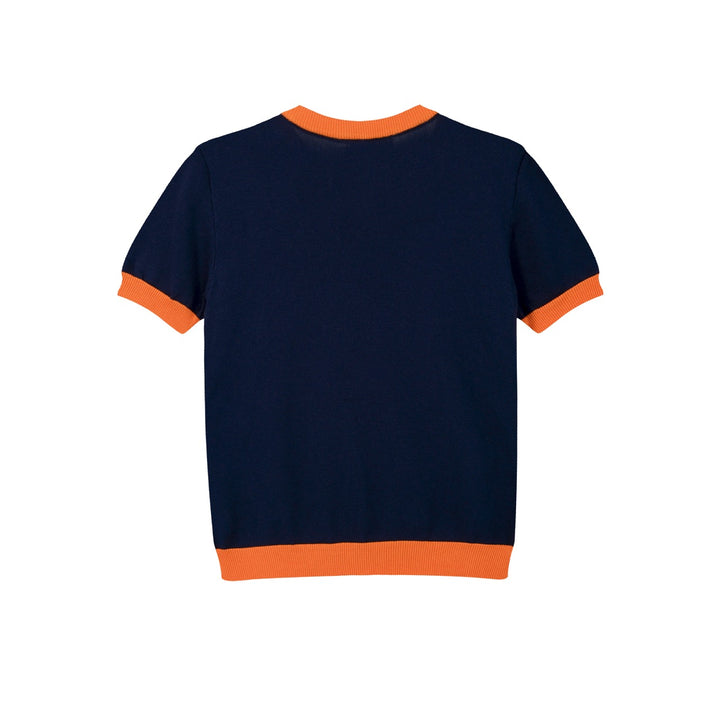 T-shirt de Malha Feminina Ilustração Rural dos Anos 70 em Azul Escuro