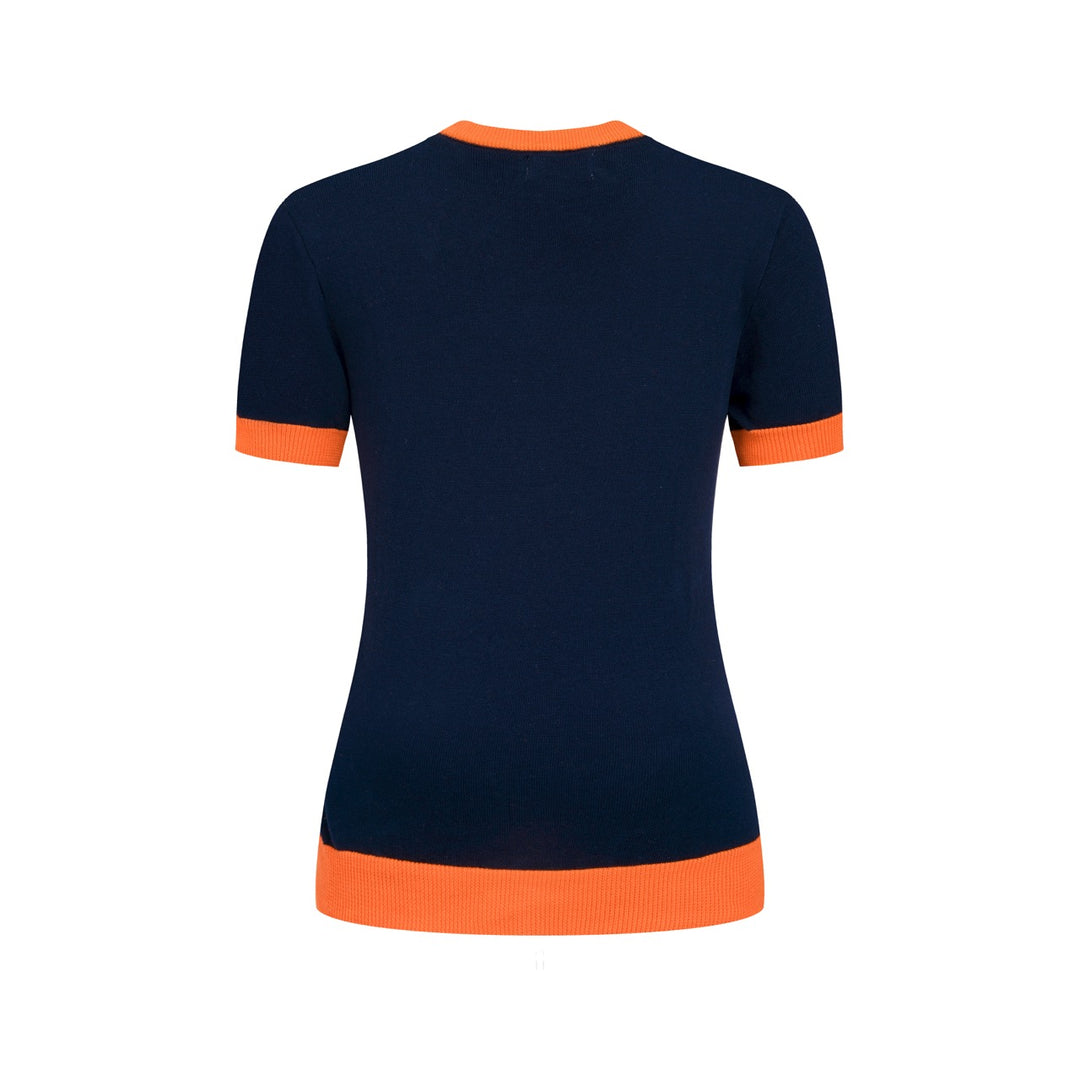 T-shirt de Malha Feminina Ilustração Rural dos Anos 70 em Azul Escuro