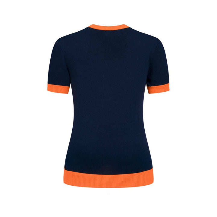 T-shirt de Malha Feminina Ilustração Rural dos Anos 70 em Azul Escuro