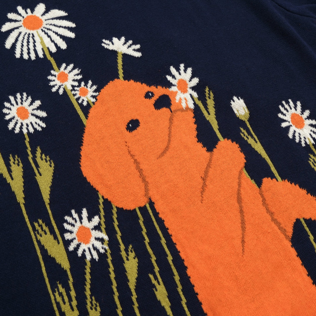 T-shirt de Malha Feminina Ilustração Rural dos Anos 70 em Azul Escuro