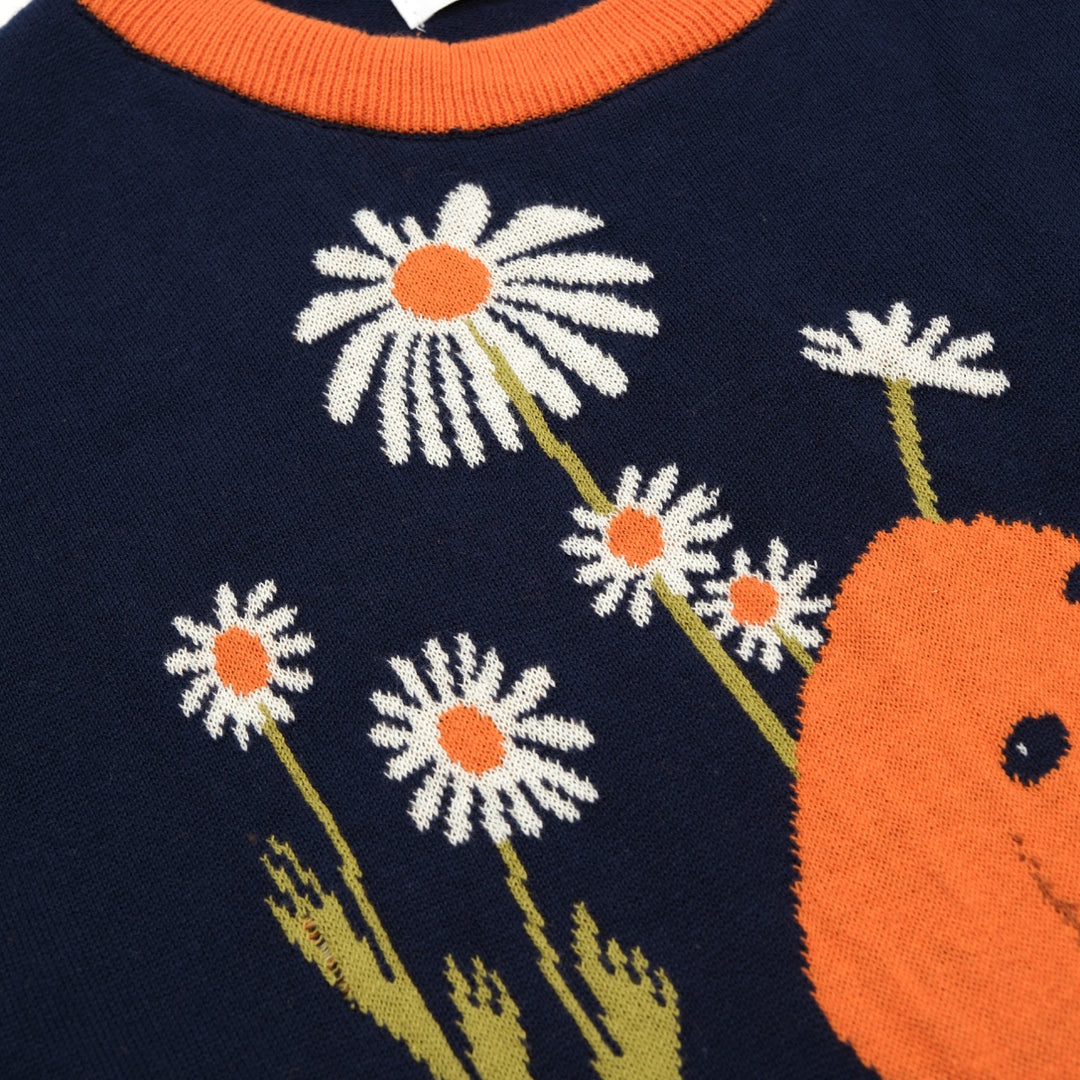 T-shirt de Malha Feminina Ilustração Rural dos Anos 70 em Azul Escuro