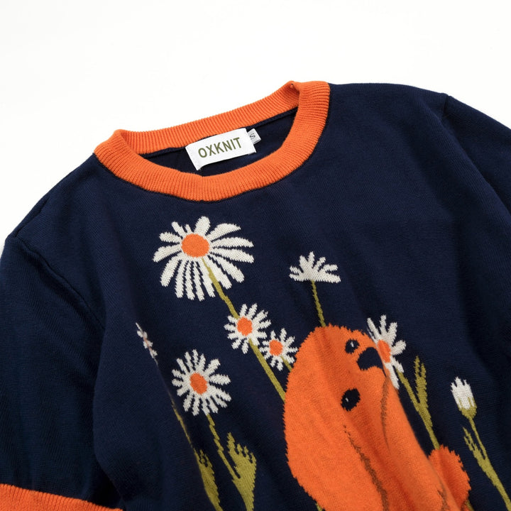 T-shirt de Malha Feminina Ilustração Rural dos Anos 70 em Azul Escuro