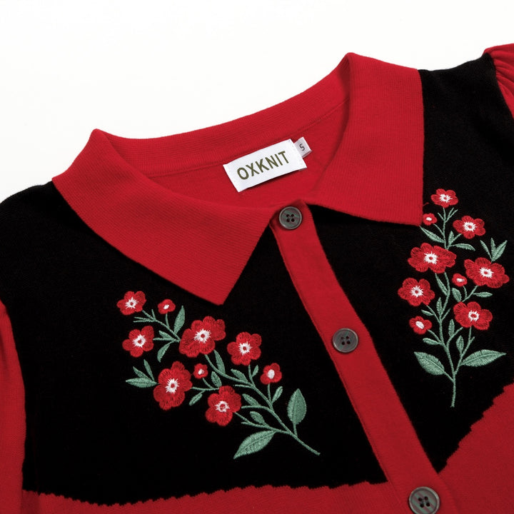 Dames Rode 70s Western Folk Geborduurde Bloemen Jurk met Zakken en Korte Mouwen
