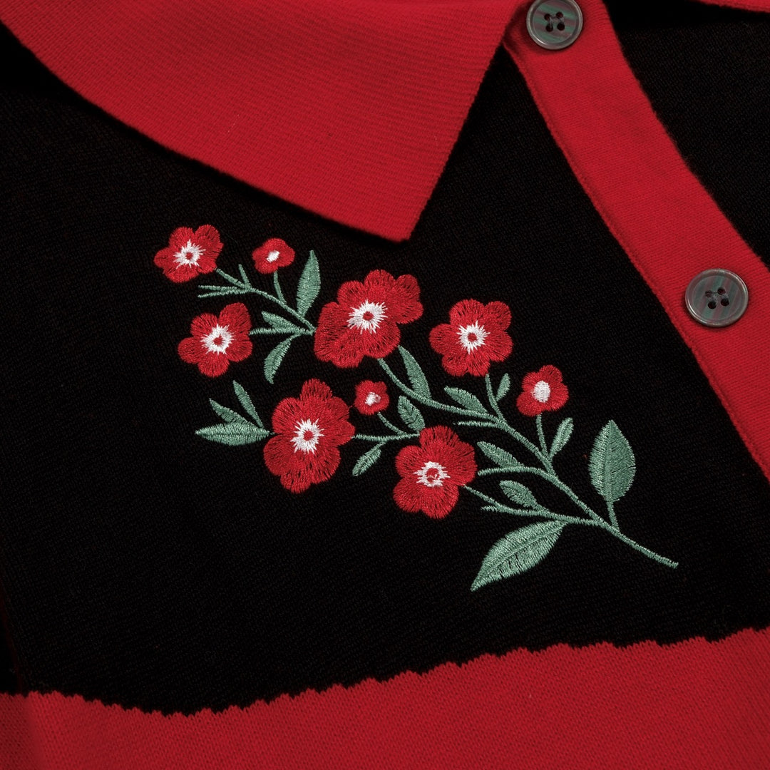 Dames Rode 70s Western Folk Geborduurde Bloemen Jurk met Zakken en Korte Mouwen