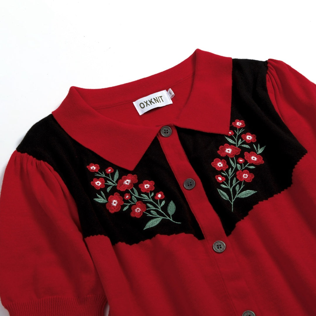 Dames Rode 70s Western Folk Geborduurde Bloemen Jurk met Zakken en Korte Mouwen