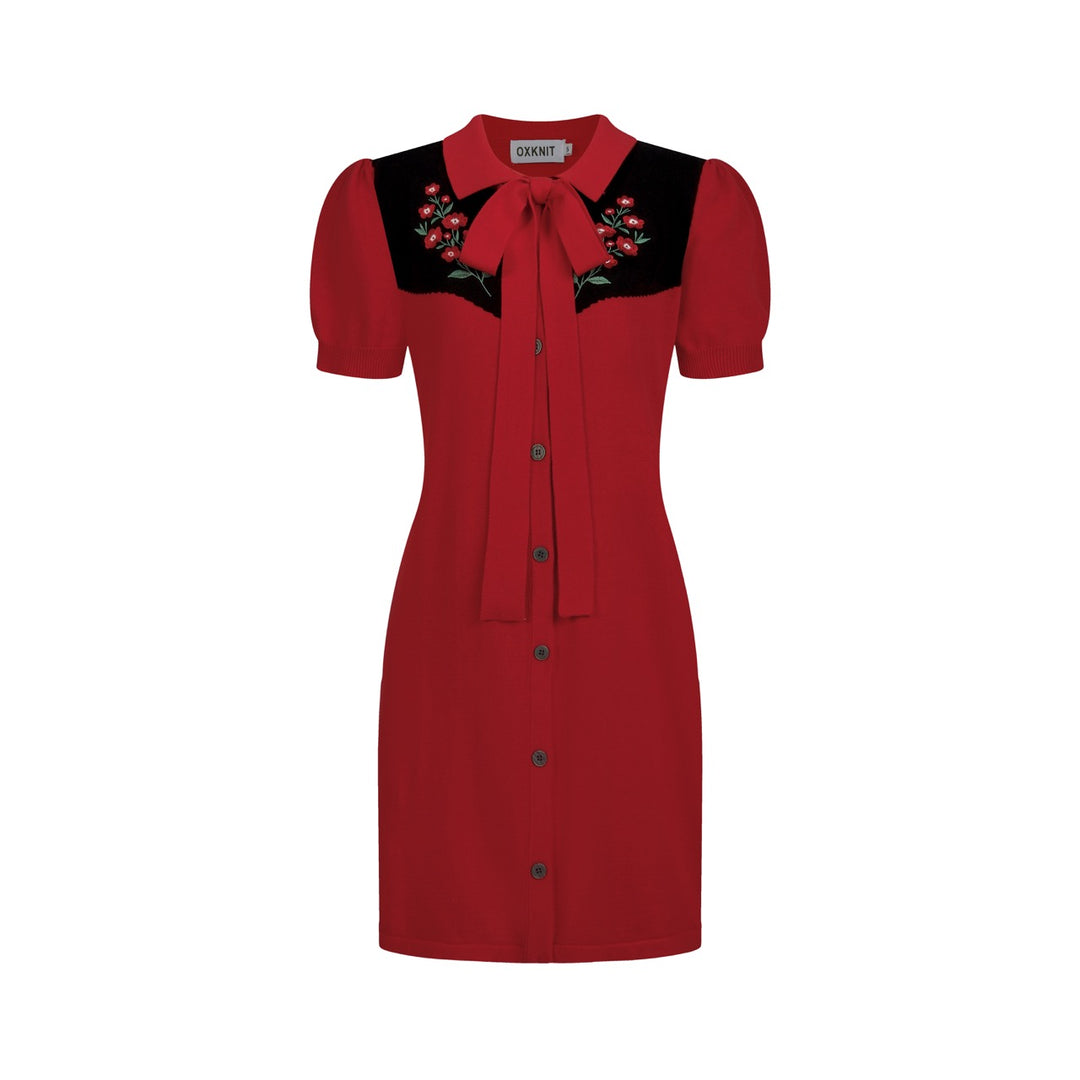 Dames Rode 70s Western Folk Geborduurde Bloemen Jurk met Zakken en Korte Mouwen