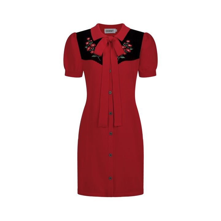 Dames Rode 70s Western Folk Geborduurde Bloemen Jurk met Zakken en Korte Mouwen