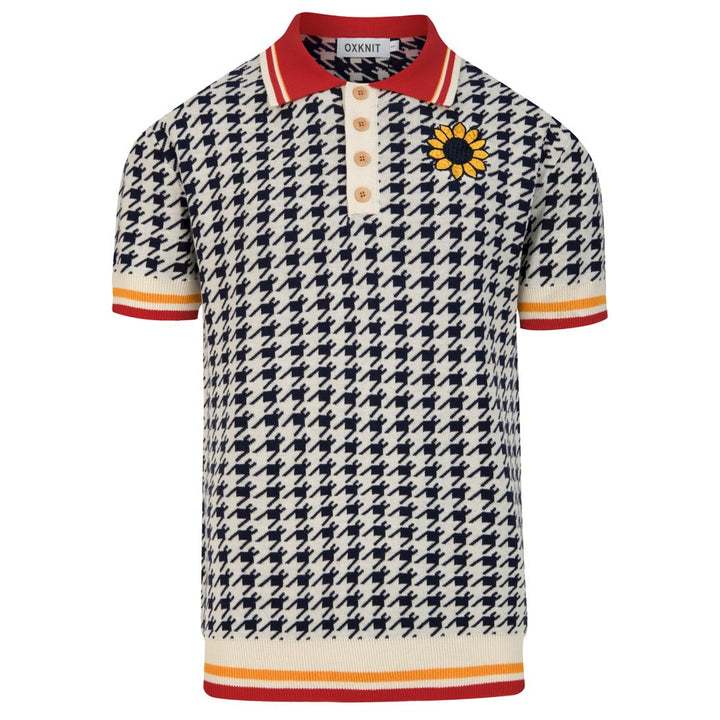 Heren Vintage Pied-de-poule Gebloemd Geborduurd Polo Gebreid Shirt