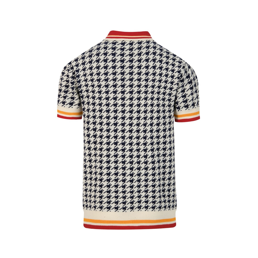 Heren Vintage Pied-de-poule Gebloemd Geborduurd Polo Gebreid Shirt