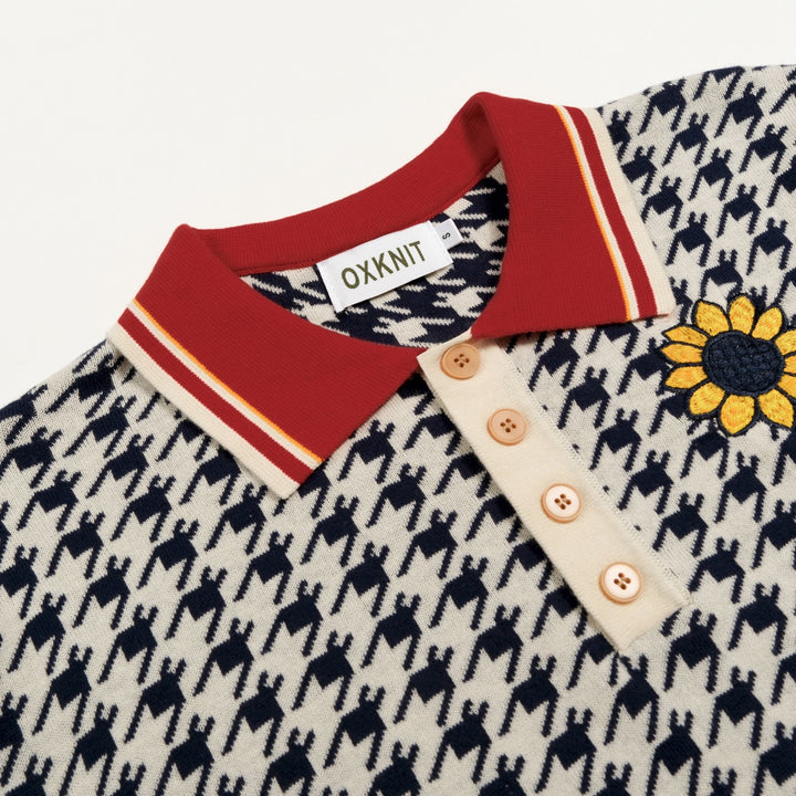 Heren Vintage Pied-de-poule Gebloemd Geborduurd Polo Gebreid Shirt