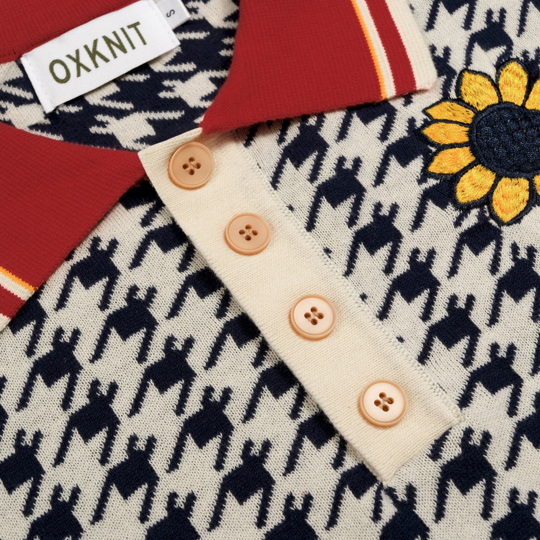 Heren Vintage Pied-de-poule Gebloemd Geborduurd Polo Gebreid Shirt