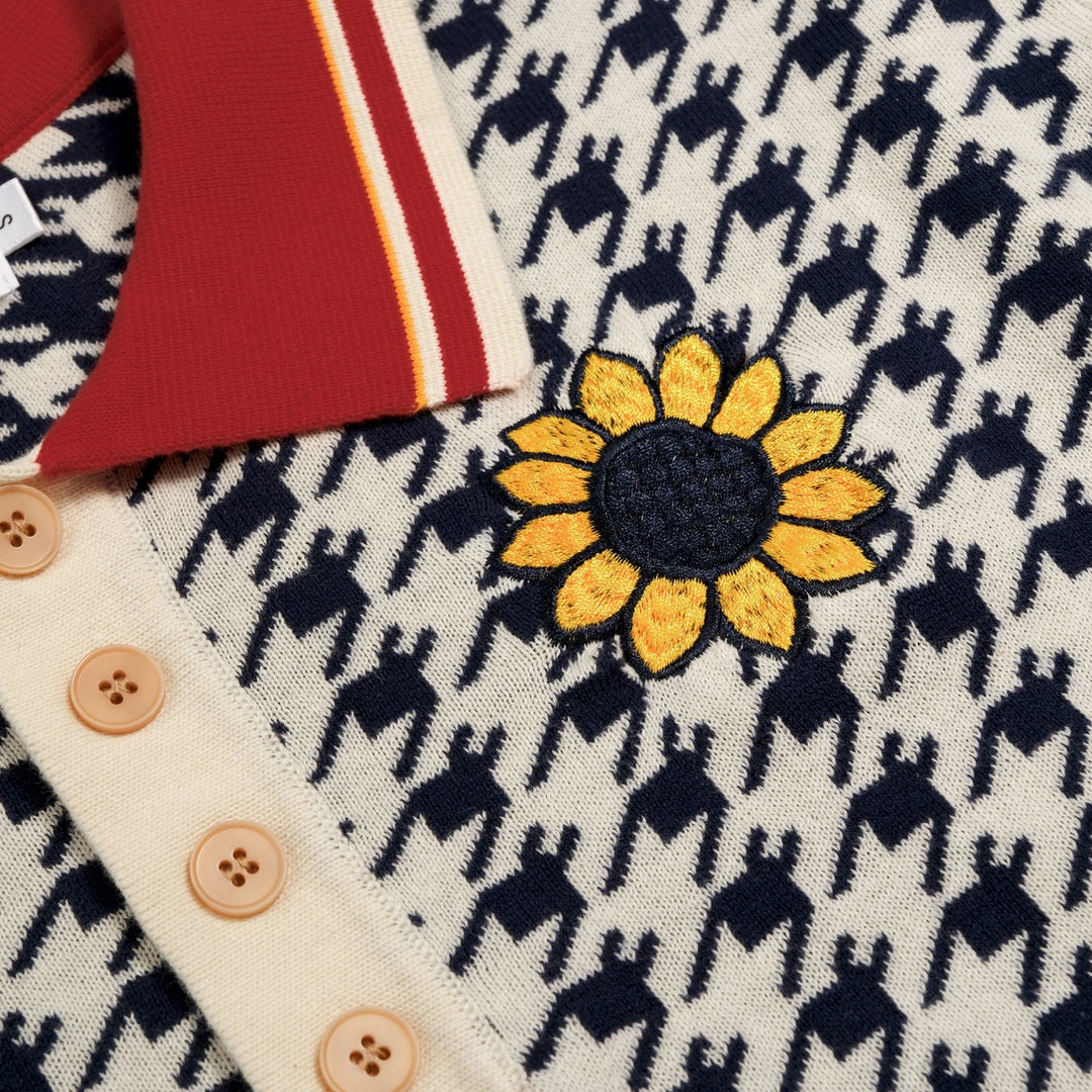 Heren Vintage Pied-de-poule Gebloemd Geborduurd Polo Gebreid Shirt