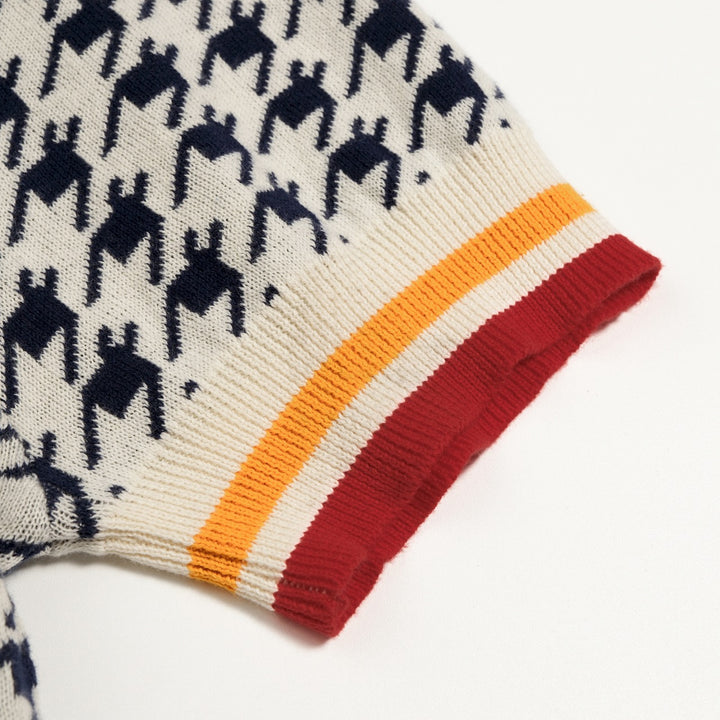 Heren Vintage Pied-de-poule Gebloemd Geborduurd Polo Gebreid Shirt