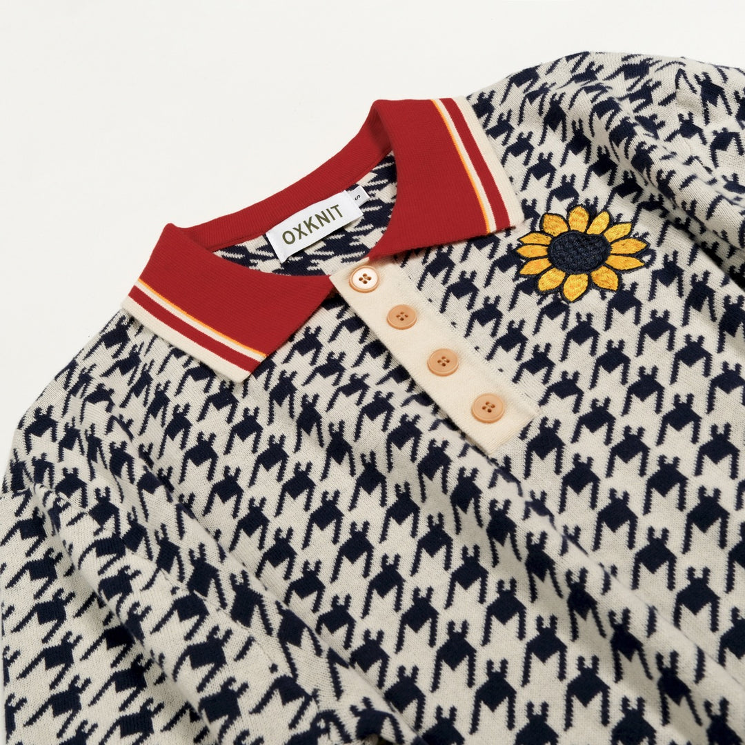 Heren Vintage Pied-de-poule Gebloemd Geborduurd Polo Gebreid Shirt