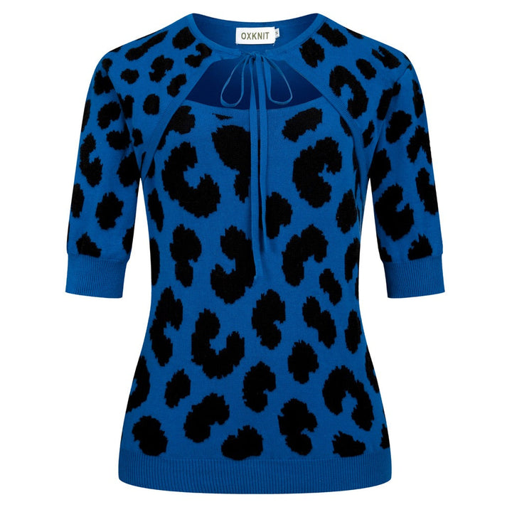 Women’s Blue 70s Leopard Jacquard Five-Sleeve Knit T-Shirt