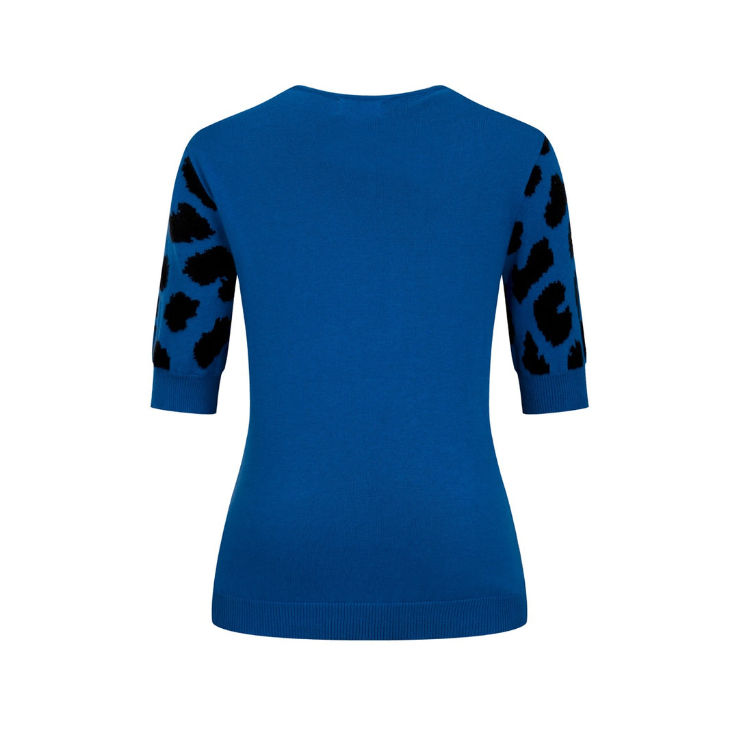 Women’s Blue 70s Leopard Jacquard Five-Sleeve Knit T-Shirt