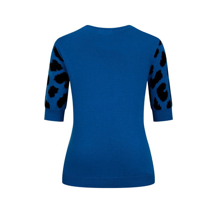 Women’s Blue 70s Leopard Jacquard Five-Sleeve Knit T-Shirt