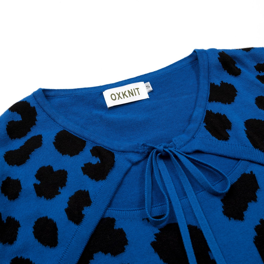 Women’s Blue 70s Leopard Jacquard Five-Sleeve Knit T-Shirt
