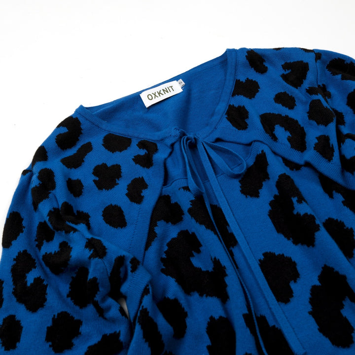 Women’s Blue 70s Leopard Jacquard Five-Sleeve Knit T-Shirt