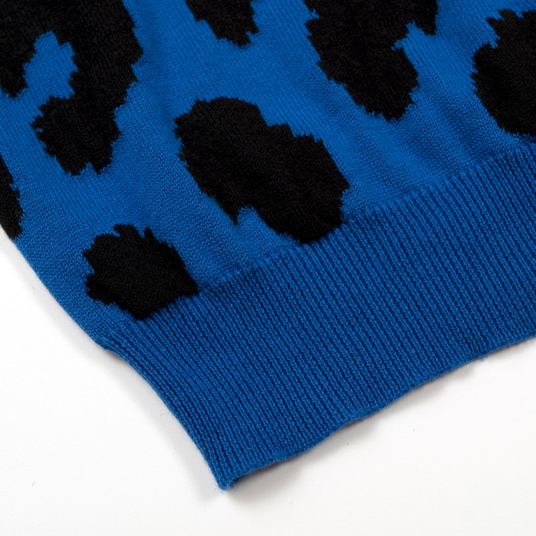 Women’s Blue 70s Leopard Jacquard Five-Sleeve Knit T-Shirt