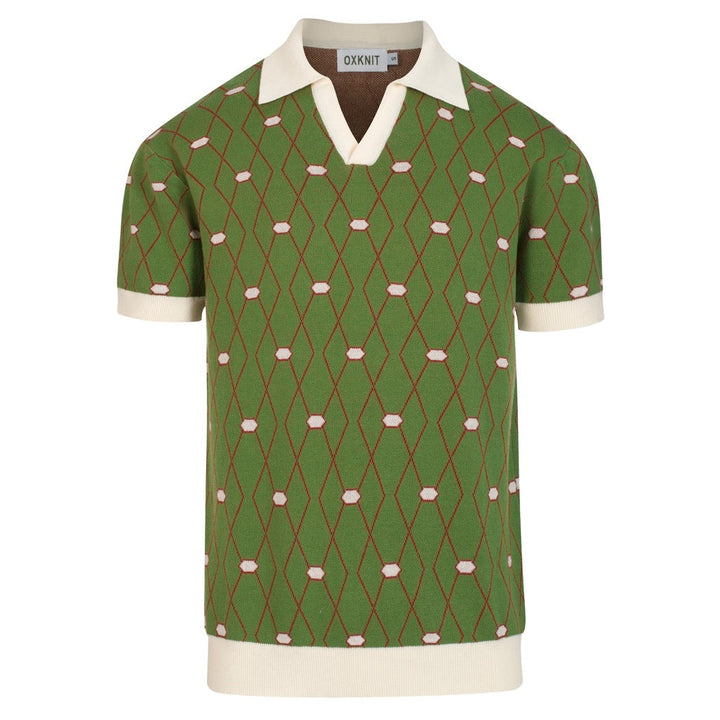 Herr Grön Retro Old Money Geometrisk Stickad Polo T-shirt