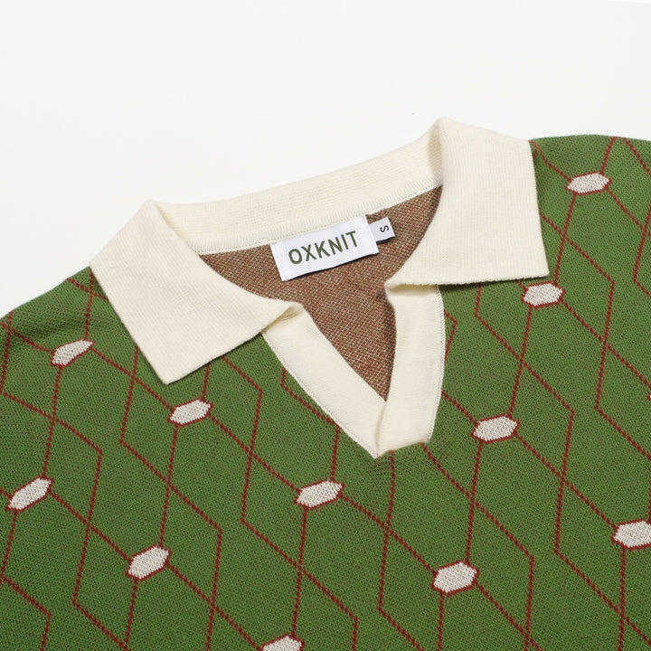 Herr Grön Retro Old Money Geometrisk Stickad Polo T-shirt
